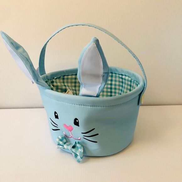 Baby Blue Easter Bunny Fabric Basket w/ Gingham Lining - Picture 1 of 7
